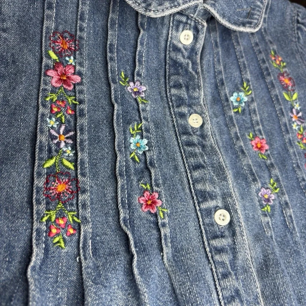vintage OshKosh B'gosh denim dress embroidered flowers ruffled‎ hem Size 6 RARE